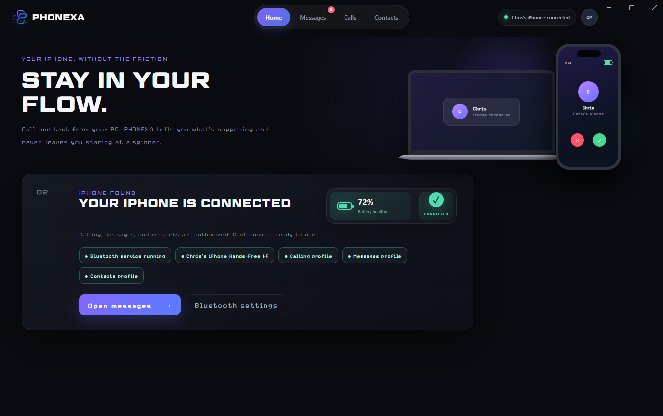 The PHONEXA Windows app home screen