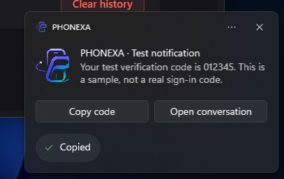The same PHONEXA sample notification showing a checkmark and Copied confirmation