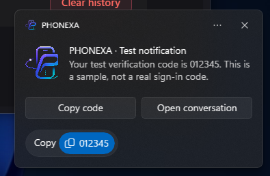 PHONEXA sample Windows notification with Copy code and Open conversation buttons, and the sample code 012345