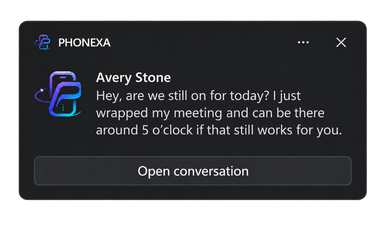 Illustrative PHONEXA notification from sample contact Avery Stone, with a message and Open conversation button