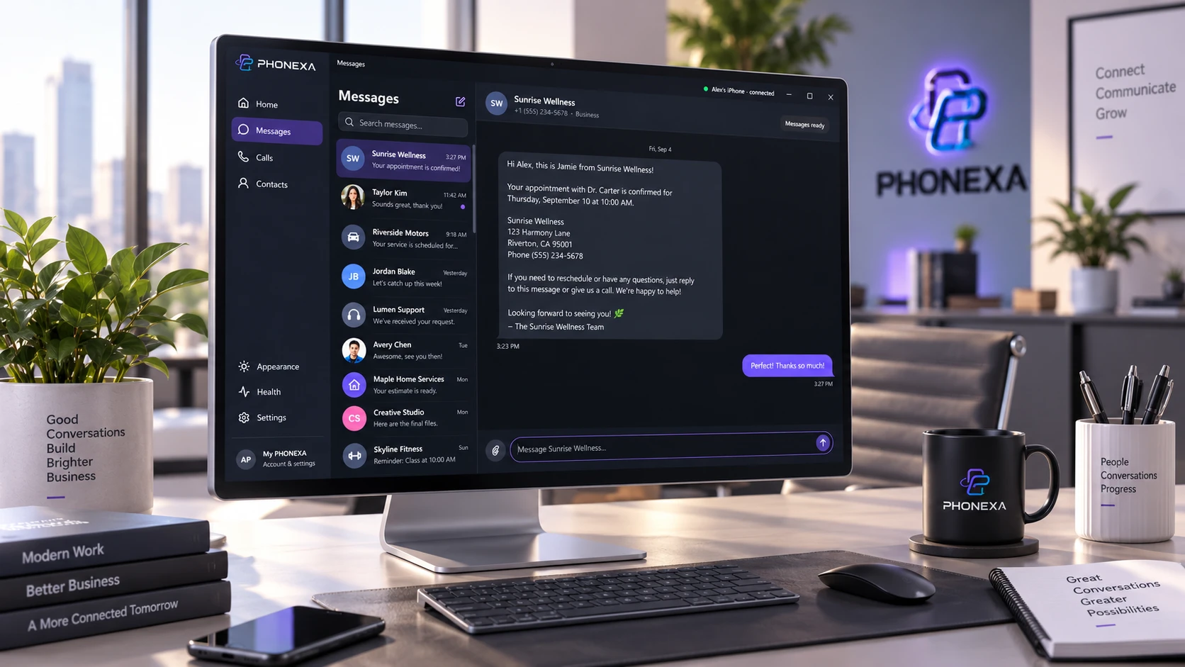 Illustrative PHONEXA workspace with a desktop monitor beside a phone