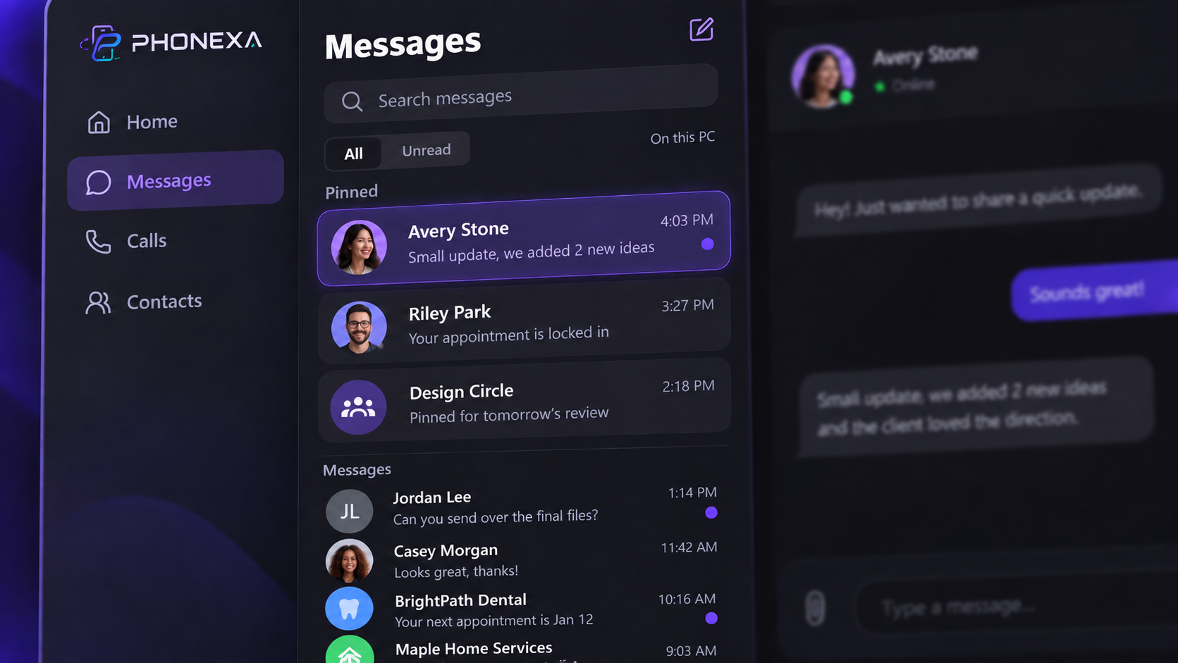 Illustrative PHONEXA message list with sample conversations pinned above the other messages